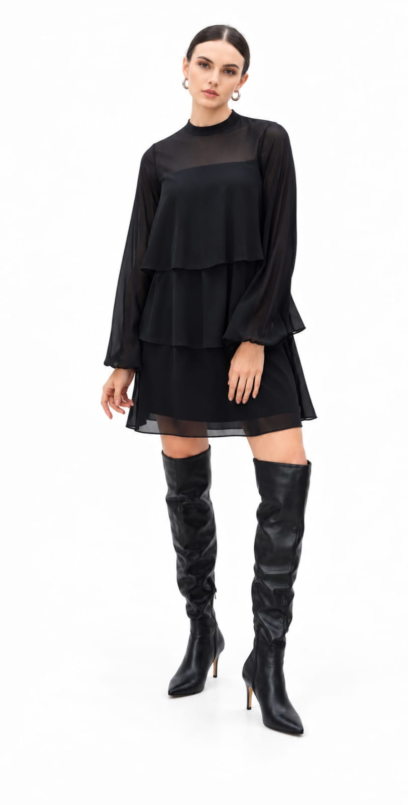 Black Poly Chiffon Layered Mini Dress