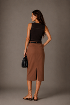Brown Straight Midi Skirt