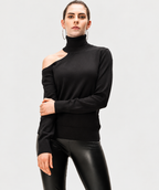women's black cotton modal rib knit asymmetrical turtleneck top