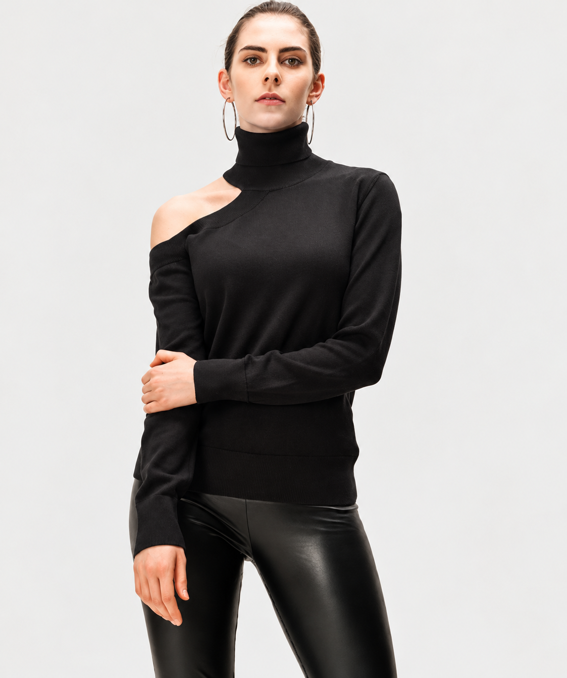 women's black cotton modal rib knit asymmetrical turtleneck top