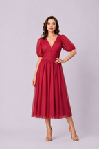 Pleat Waist Sheer Mesh Midi Dress