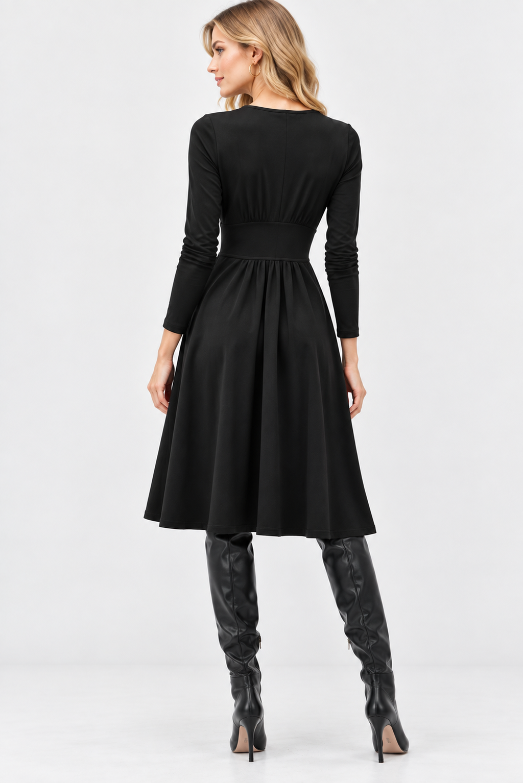 women's black cotton jersey long sleeve fit and flare midi dress