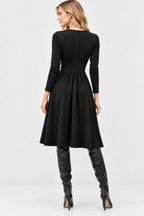 women's black cotton jersey long sleeve fit and flare midi dress