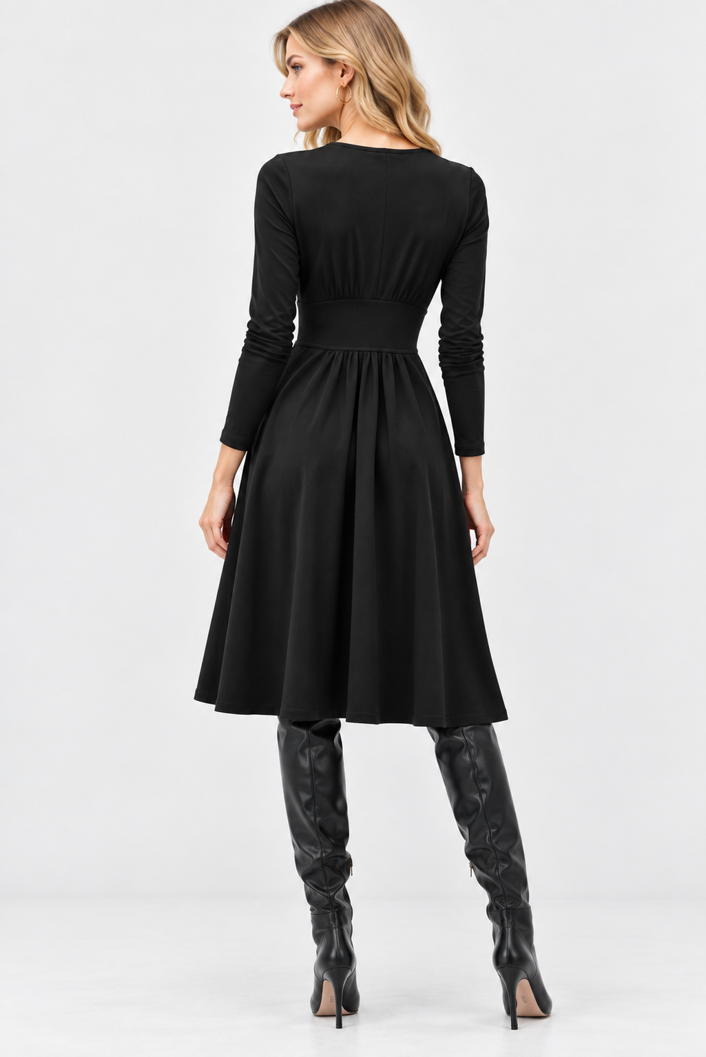 women's black cotton jersey long sleeve fit and flare midi dress