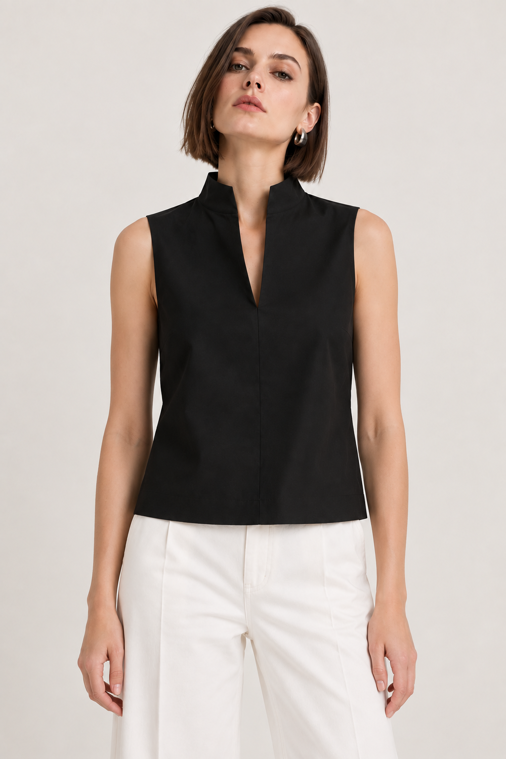 Women’s Black Cotton Mandarin Collar Top