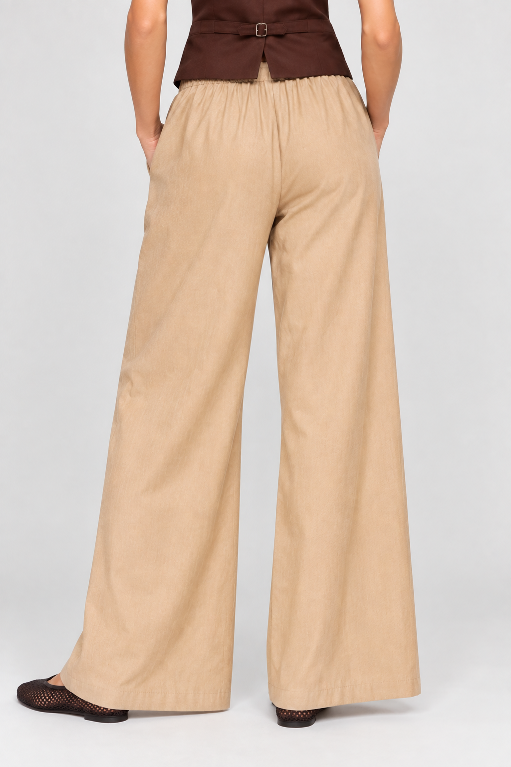 women's beige wide leg drawstring pants with relaxed fit and side pockets