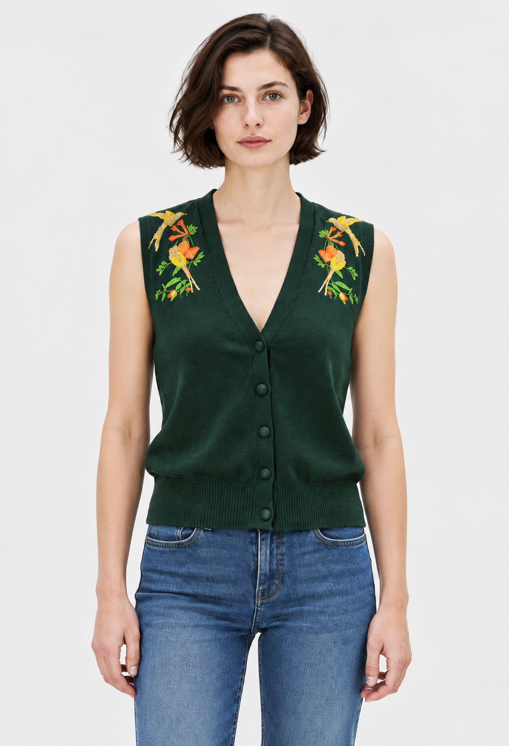 women's dark green embroidered cotton knit cardigan with puff sleeves