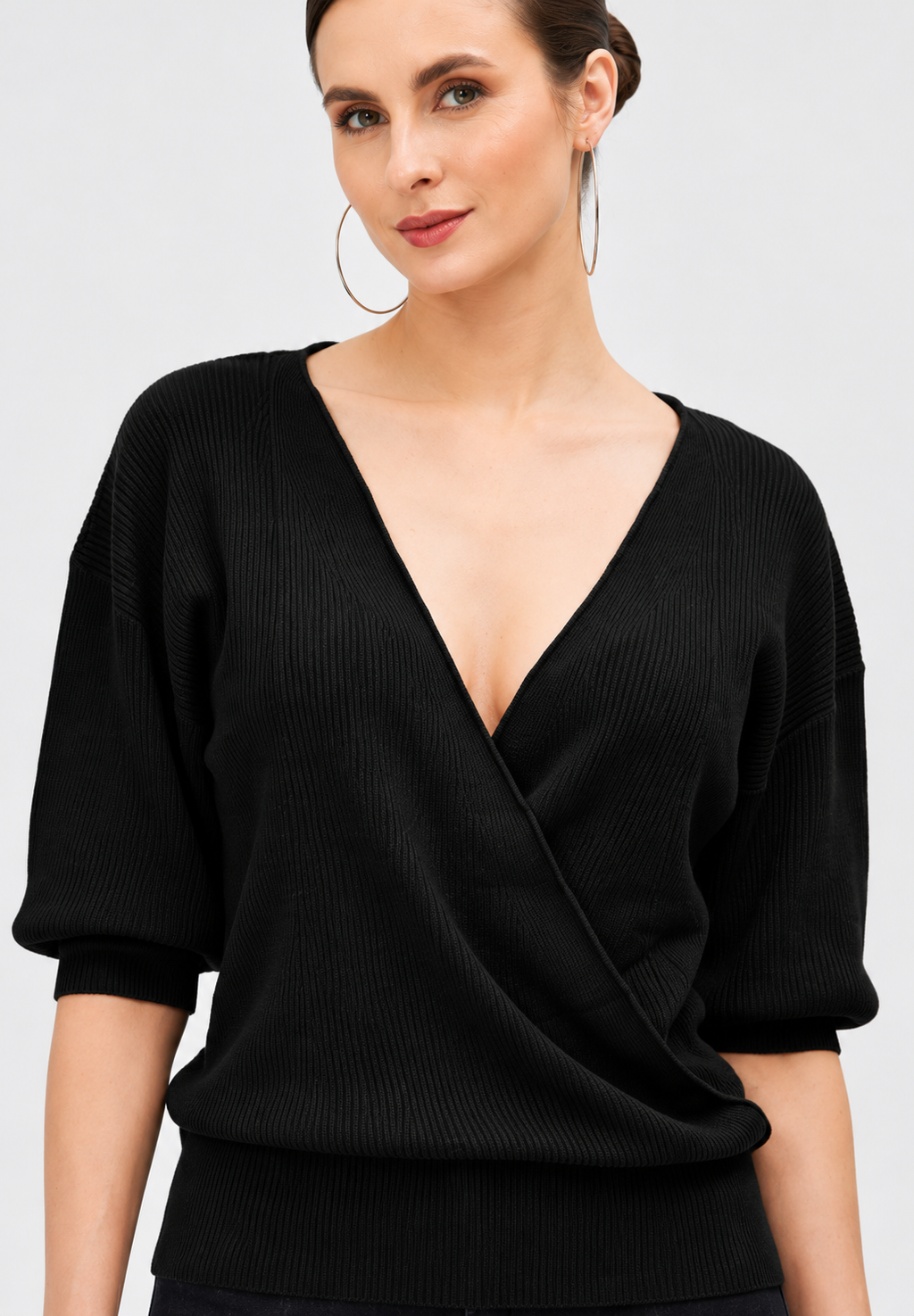 women's black linen cotton rib knit wrap top with v-neck