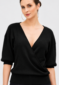 women's black linen cotton rib knit wrap top with v-neck