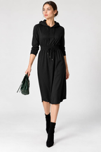 Black Cotton Jersey Hooded Midi Dress with Drawstring Waist