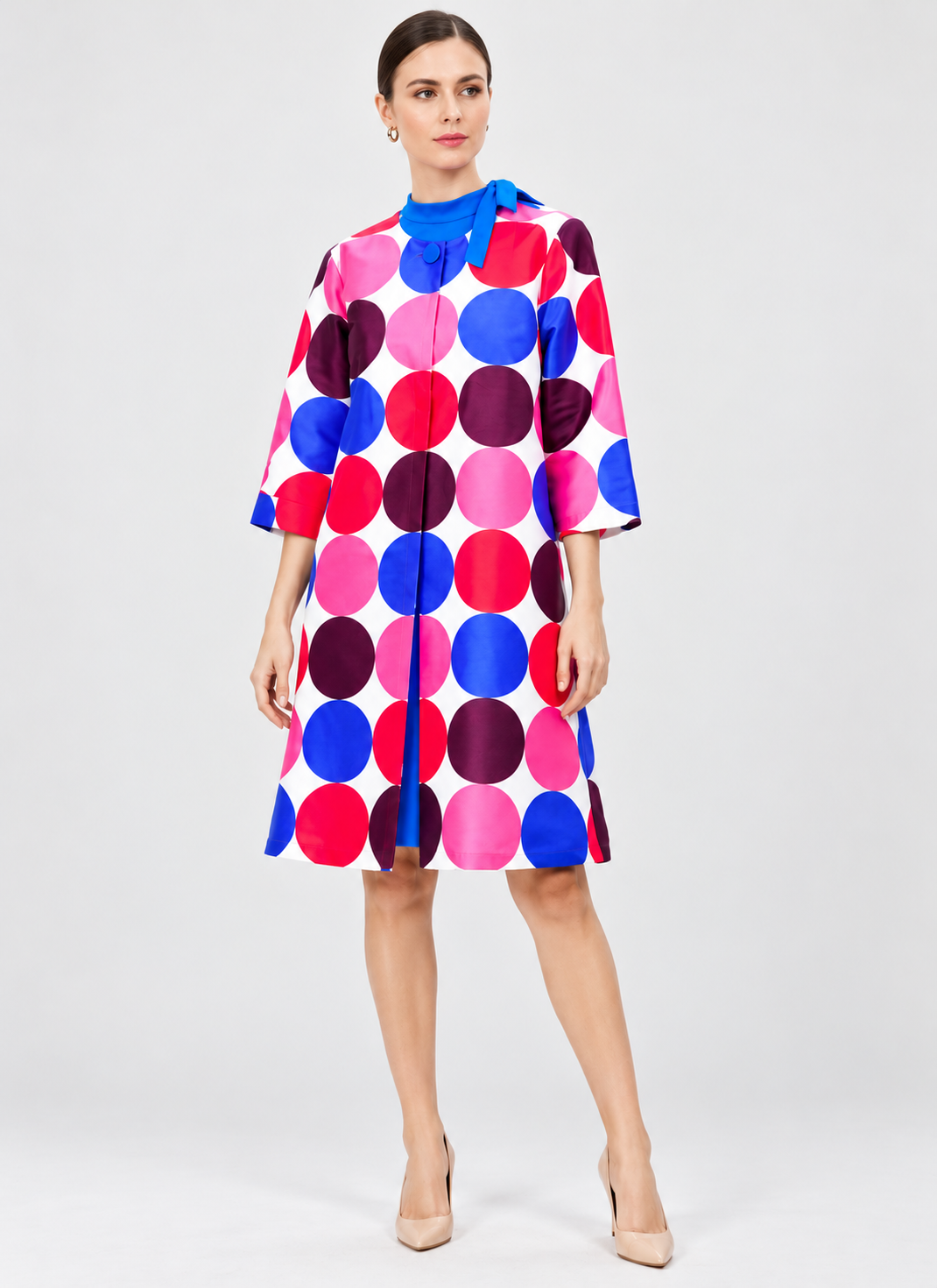 Women's Multicolor Polka Dot Dupioni Silk Coat Dress with Blue Bow Collar