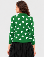 Women's Green Jacquard Knit Sweater with White Heart Print and Polo Collar