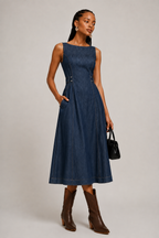 Indigo Denim Look Sleeveless Midi Dress