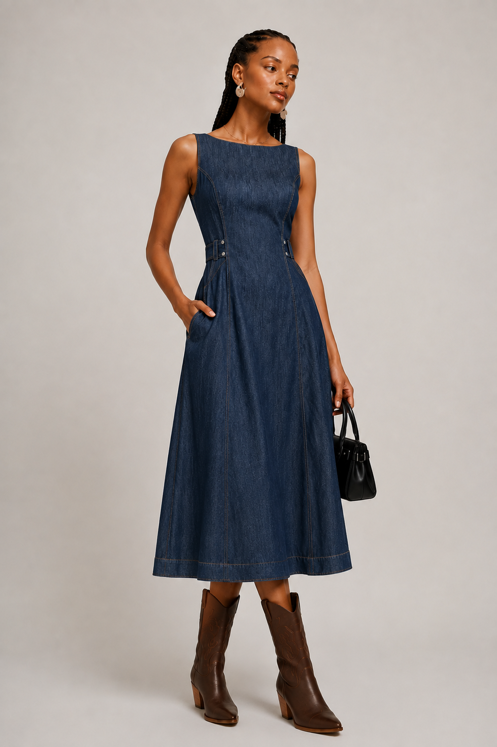 Indigo Denim Look Sleeveless Midi Dress