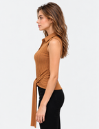 women's camel brown linen cotton rib knit collared tie-front top