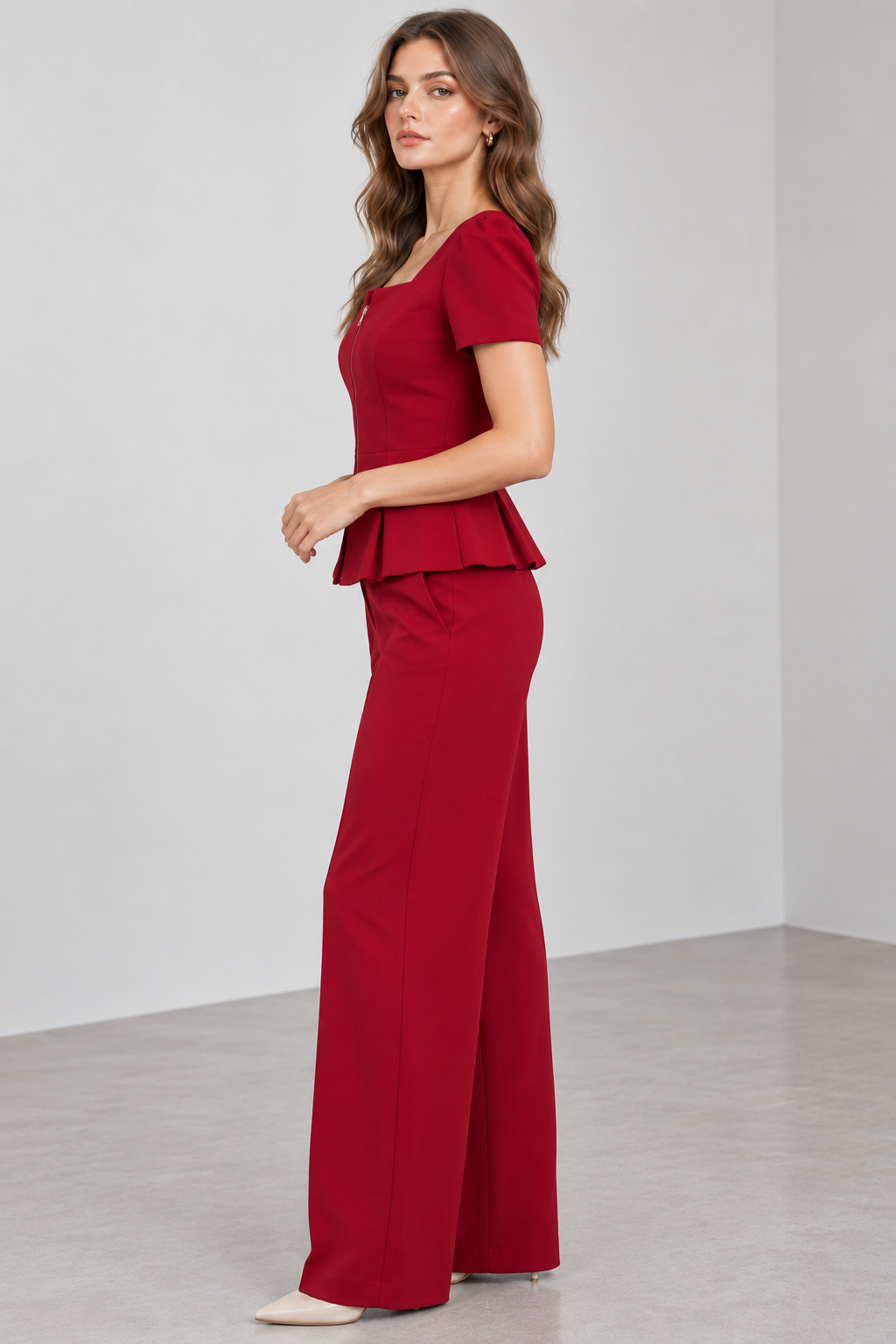 Women’s Red Cotton Blend Square Neck Peplum Top