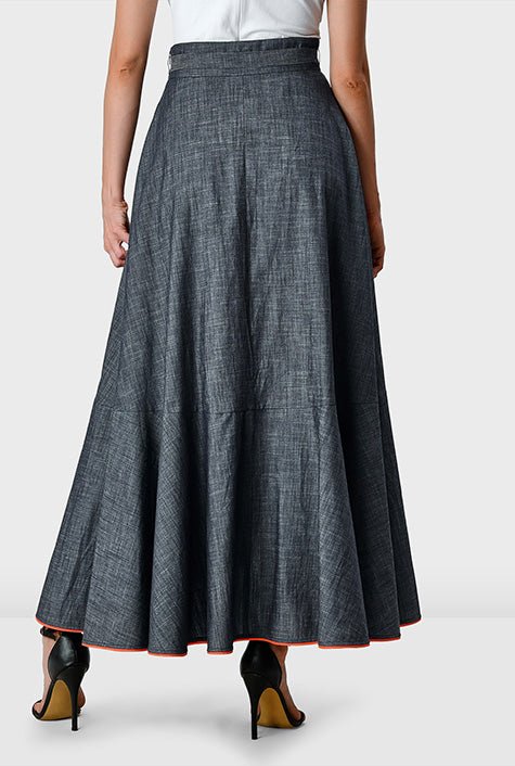 Contrast-Trim Chambray Faux Wrap Midi Skirt
