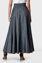 Contrast-Trim Chambray Faux Wrap Midi Skirt