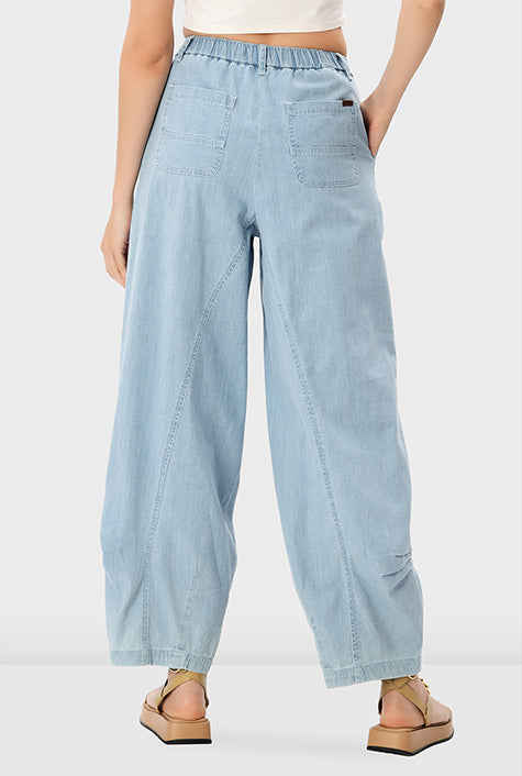 Cotton Denim Shirred Wide Leg Jeans