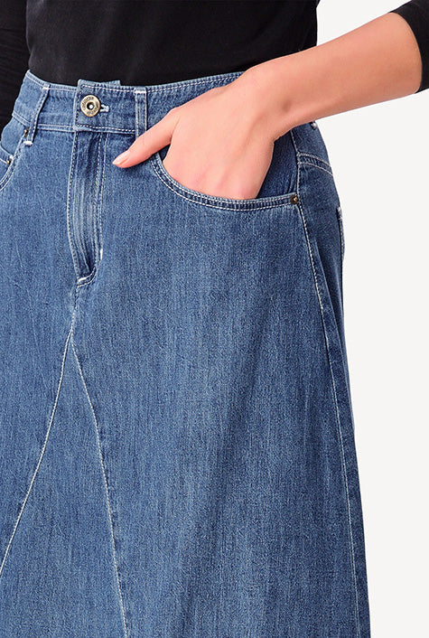 Pieced Cotton Denim Flared Skirt