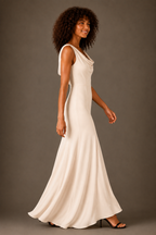 Ivory Satin Crepe Draped Cowl Neck Maxi Dress