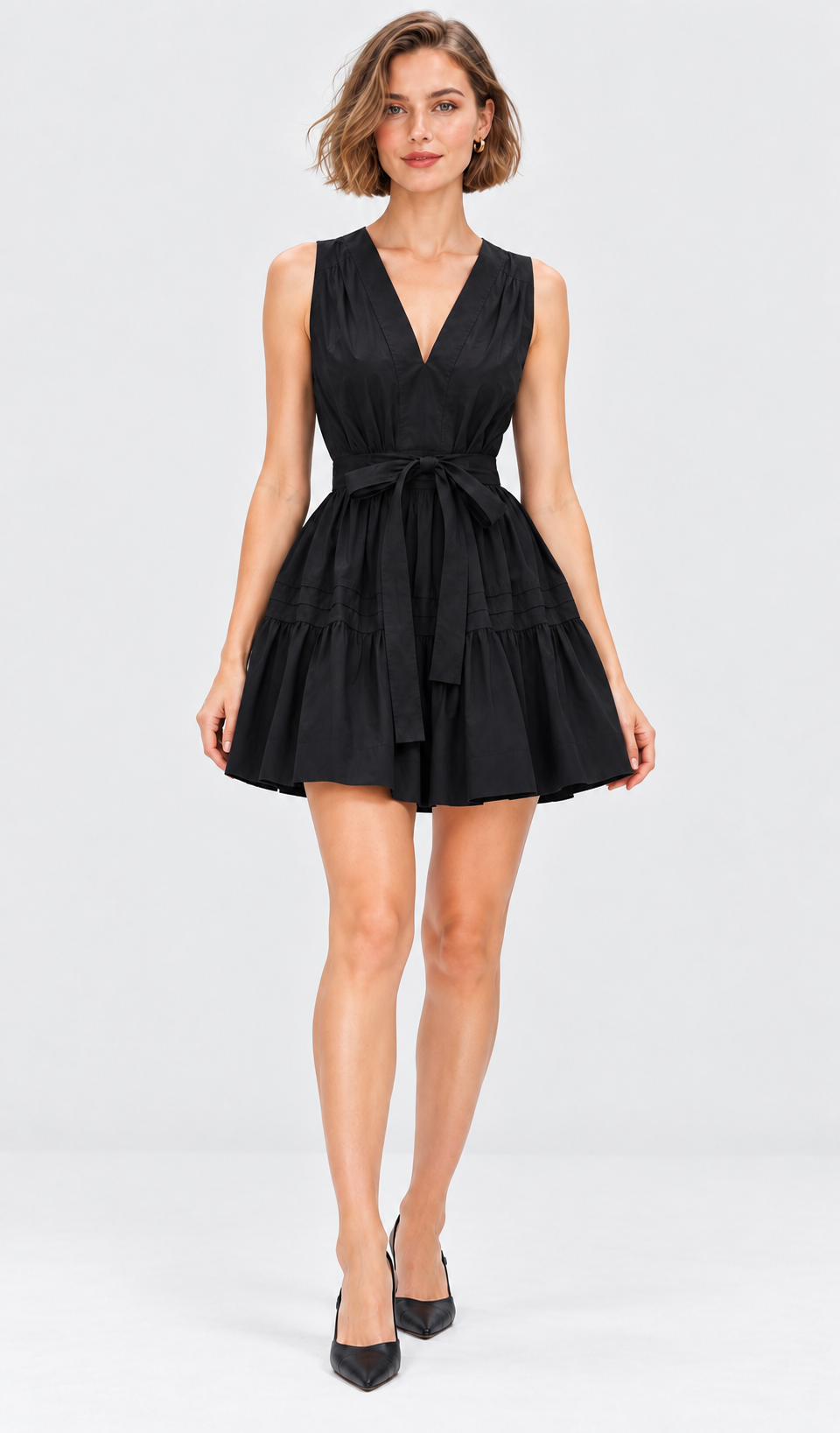 women’s black rayon crinkle V-neck tiered mini dress