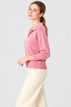 women's pink jersey knit polo collar sweater