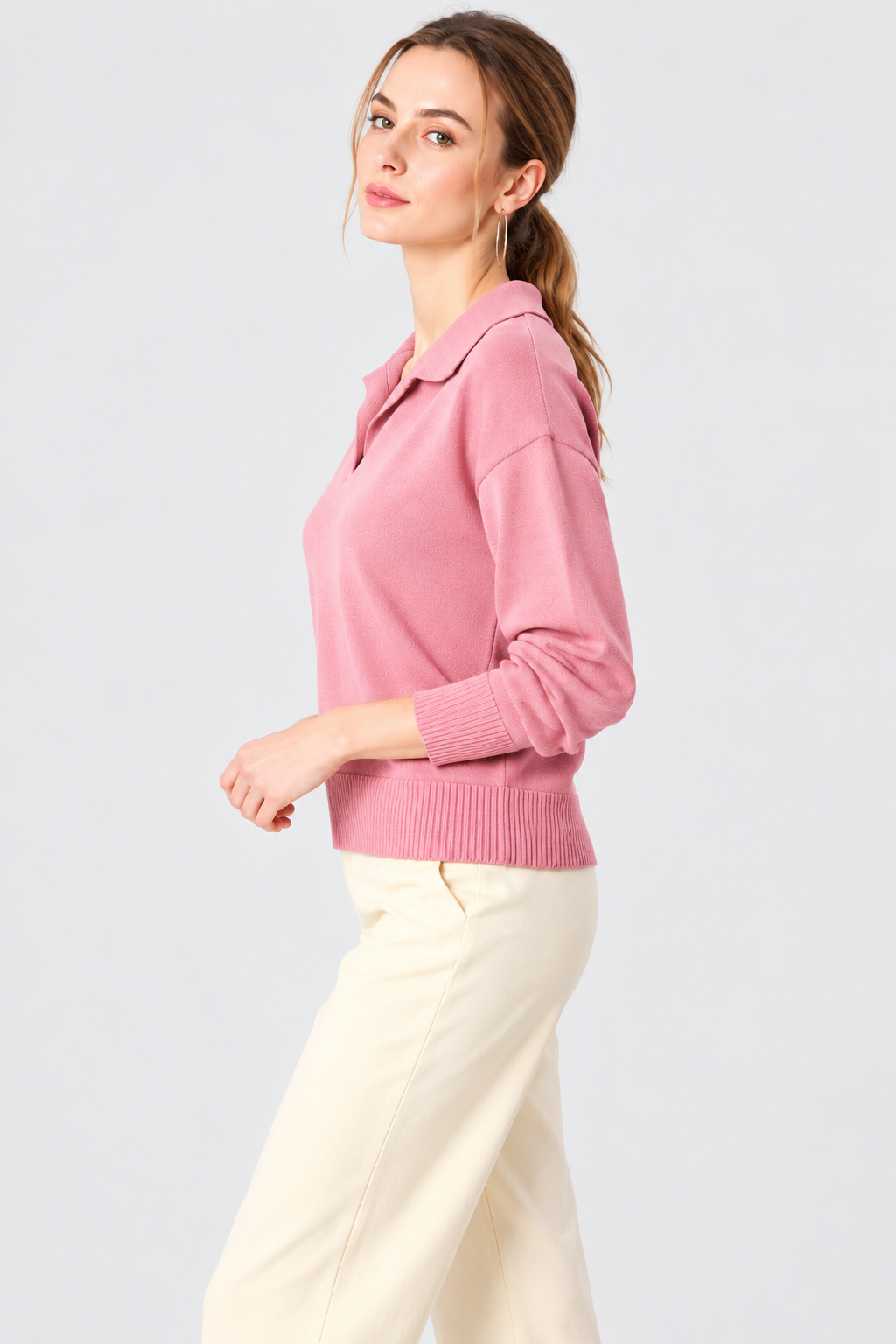 women's pink jersey knit polo collar sweater
