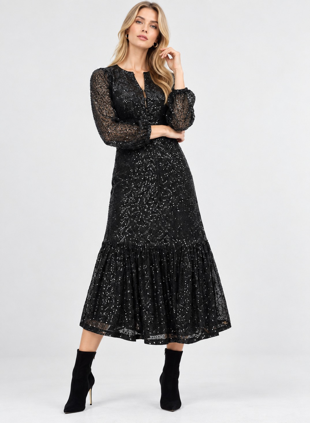 Black Sequin Mesh Long Sleeve Tiered Midi Dress