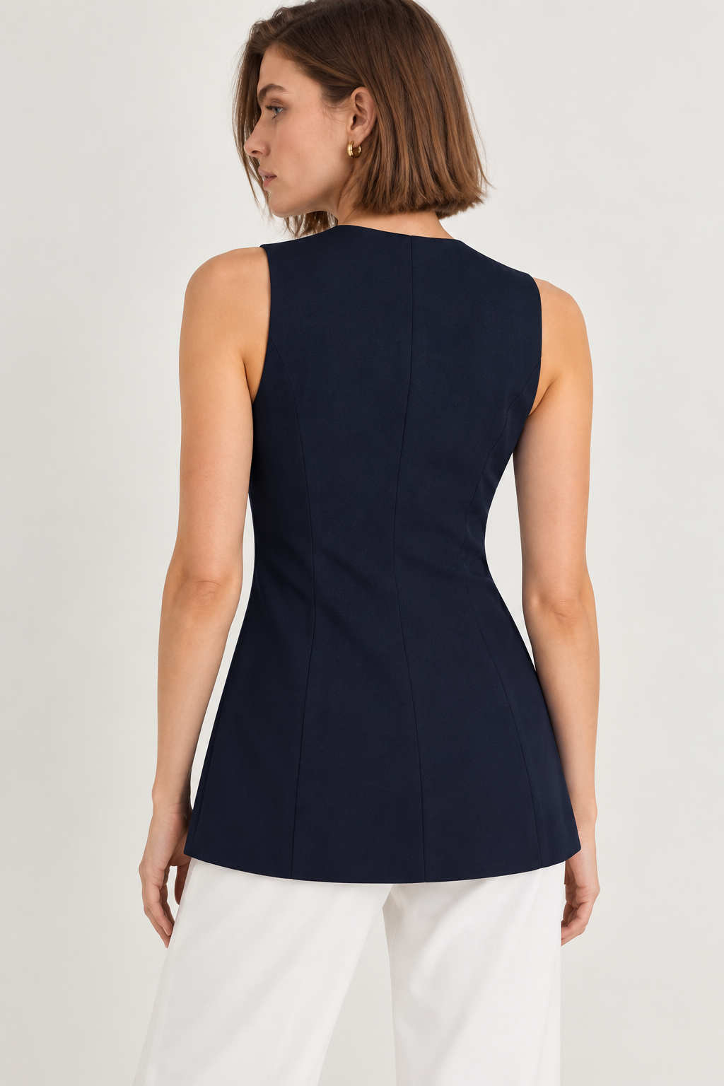 Women’s Navy Blue Cotton Mandarin Collar Top