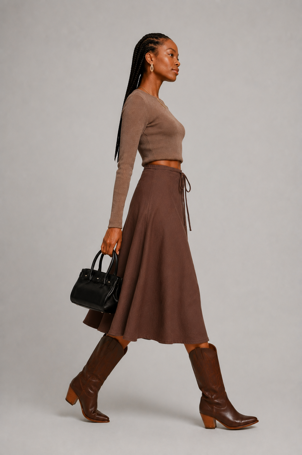 Chocolate Brown Drawstring A-Line Midi Skirt