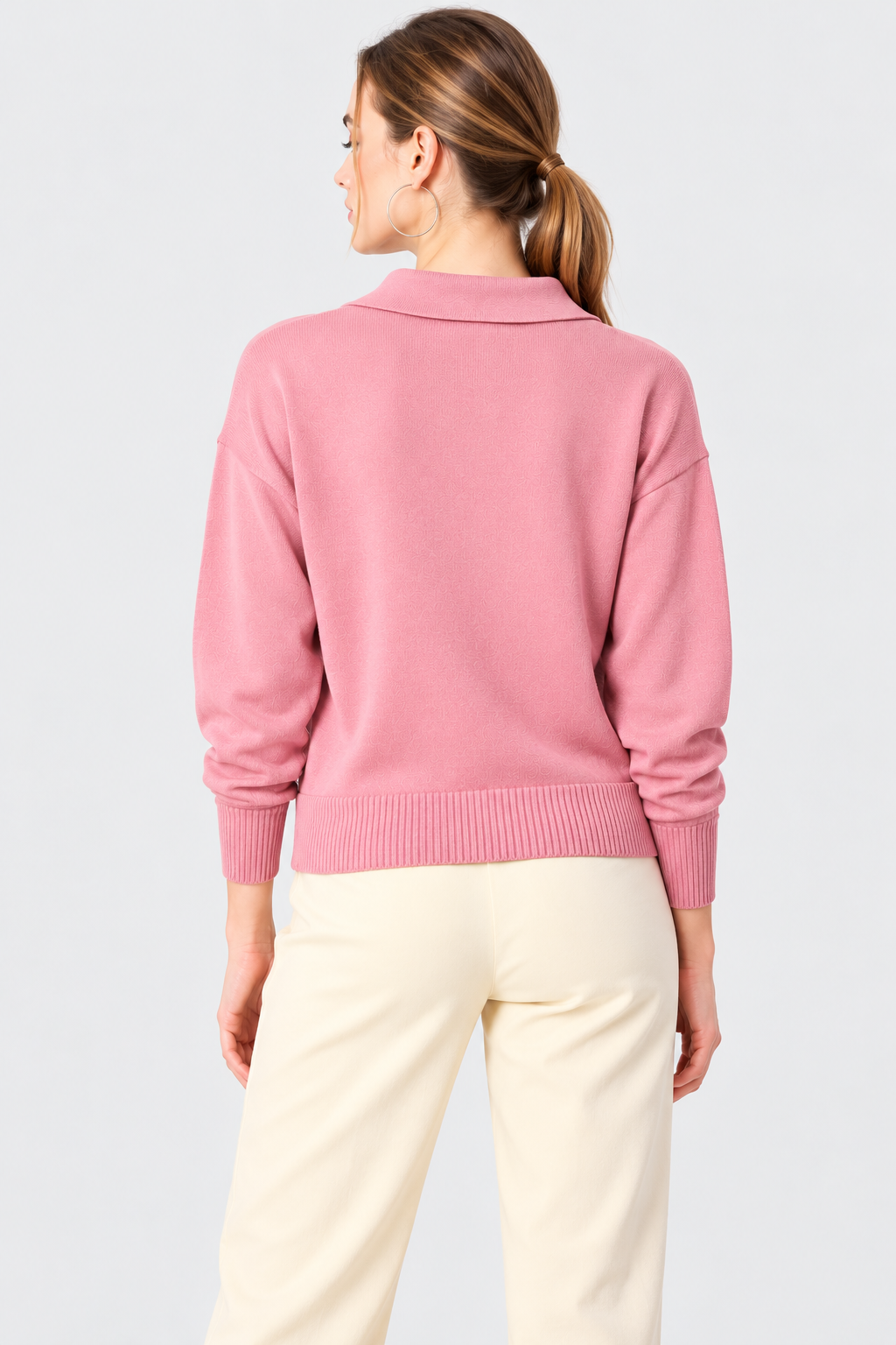 women's pink jersey knit polo collar sweater