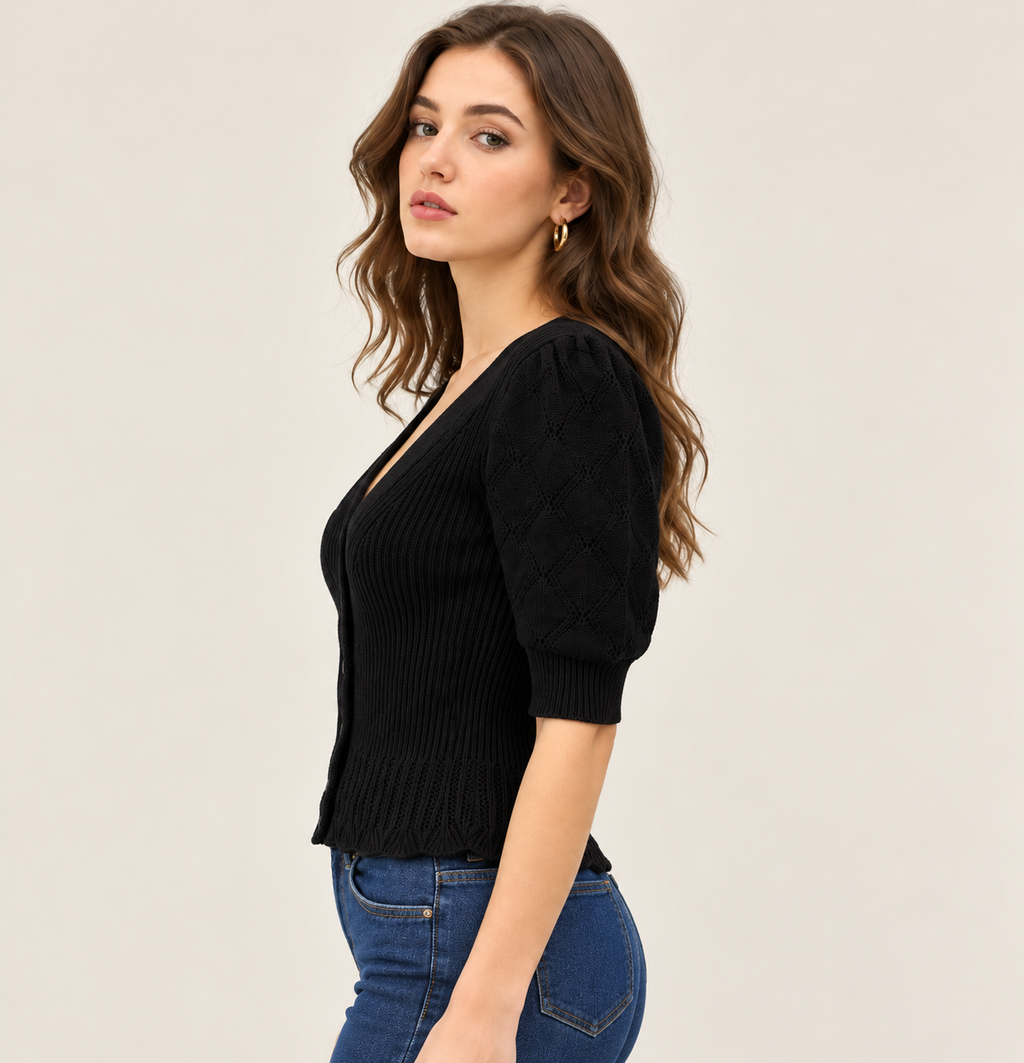 Women's Black Cotton Knit Cardigan with Puff Sleeves and Button Front