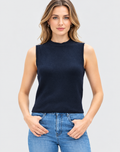 Women's Navy Blue Rib Knit Sleeveless Tank Top with High Neck