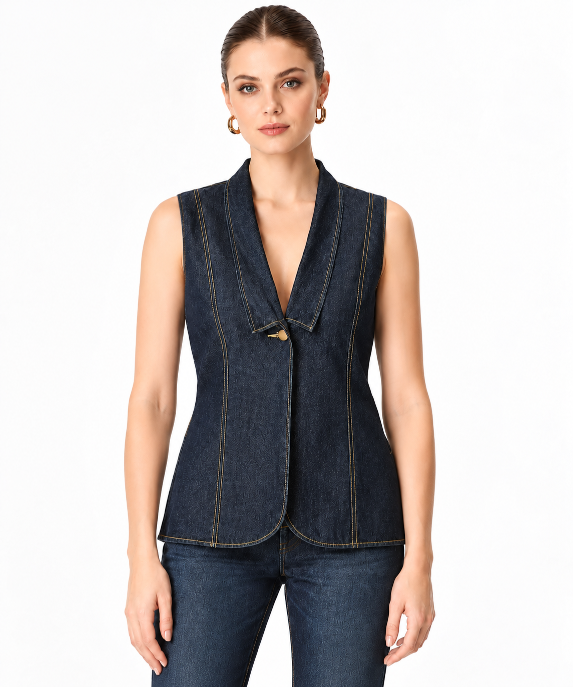 Women's Dark Blue Denim Blazer Jacket with Contrast Stitching & Shawl Lapel | Tailored Casual Jacket