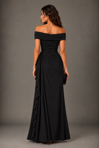 Black Crepe Off-Shoulder Draped Maxi Dress with Ruffle Detail