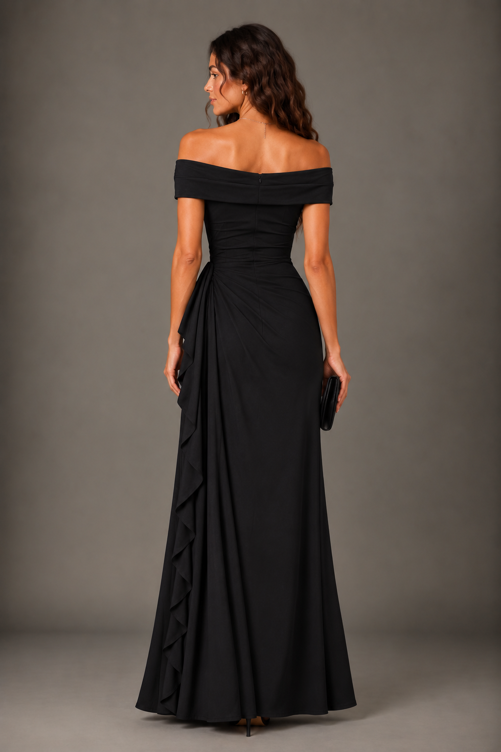 Black Crepe Off-Shoulder Draped Maxi Dress with Ruffle Detail