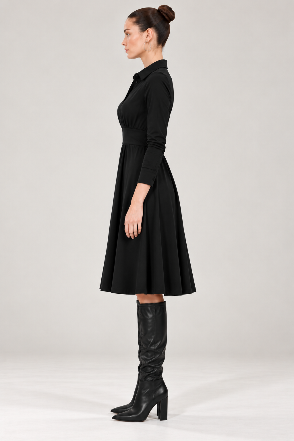 Women’s Black Jersey Collared Midi Dress with Ruched Waist & Flared Skirt