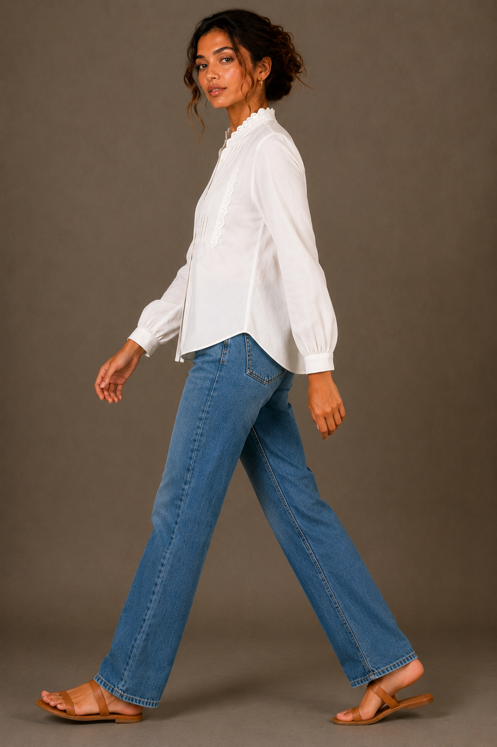 White Cotton Pintuck Detail Ruffle Collar Button-Front Shirt