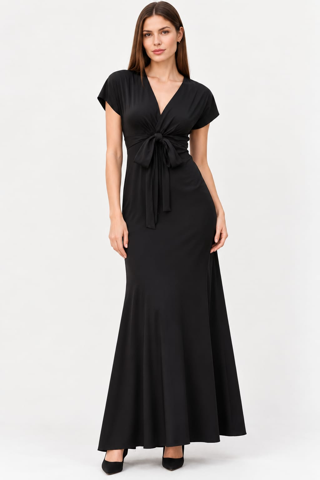 Satin Crepe V-Neck Tie Waist Maxi Dress