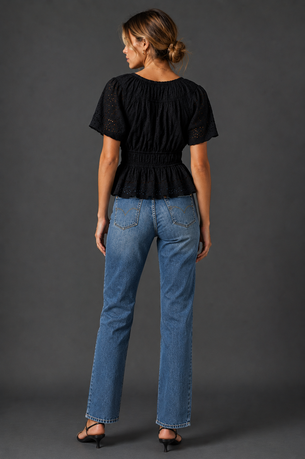 Black Cotton Eyelet Lace Peplum V-Neck Short Sleeve Top