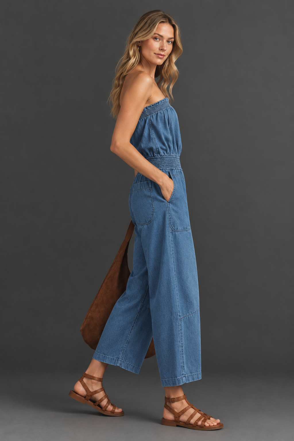 women's blue denim strapless wide-leg jumpsuit