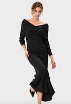 women's black wool blend rib knit off shoulder midi dress