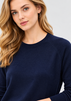 Women's Navy Blue Wool Knit Sweater with Crew Neck and Raglan Long Sleeves