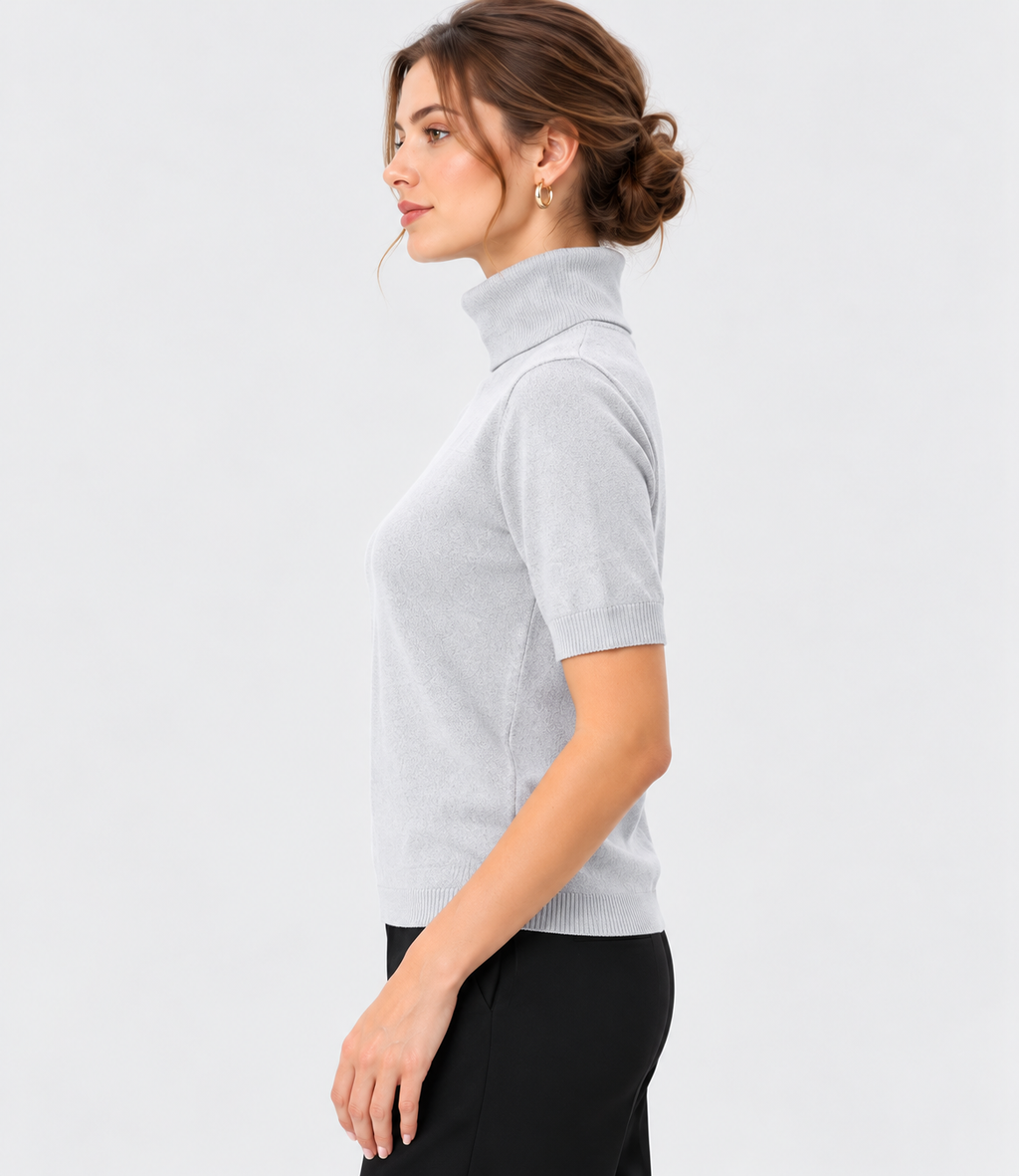 women's light grey linen cotton knit turtleneck sweater with short sleeves