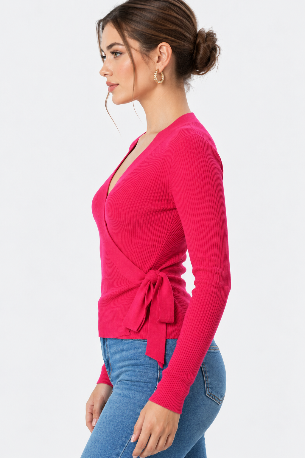 women's pink cotton rib knit wrap cardigan with v-neck and tie waist