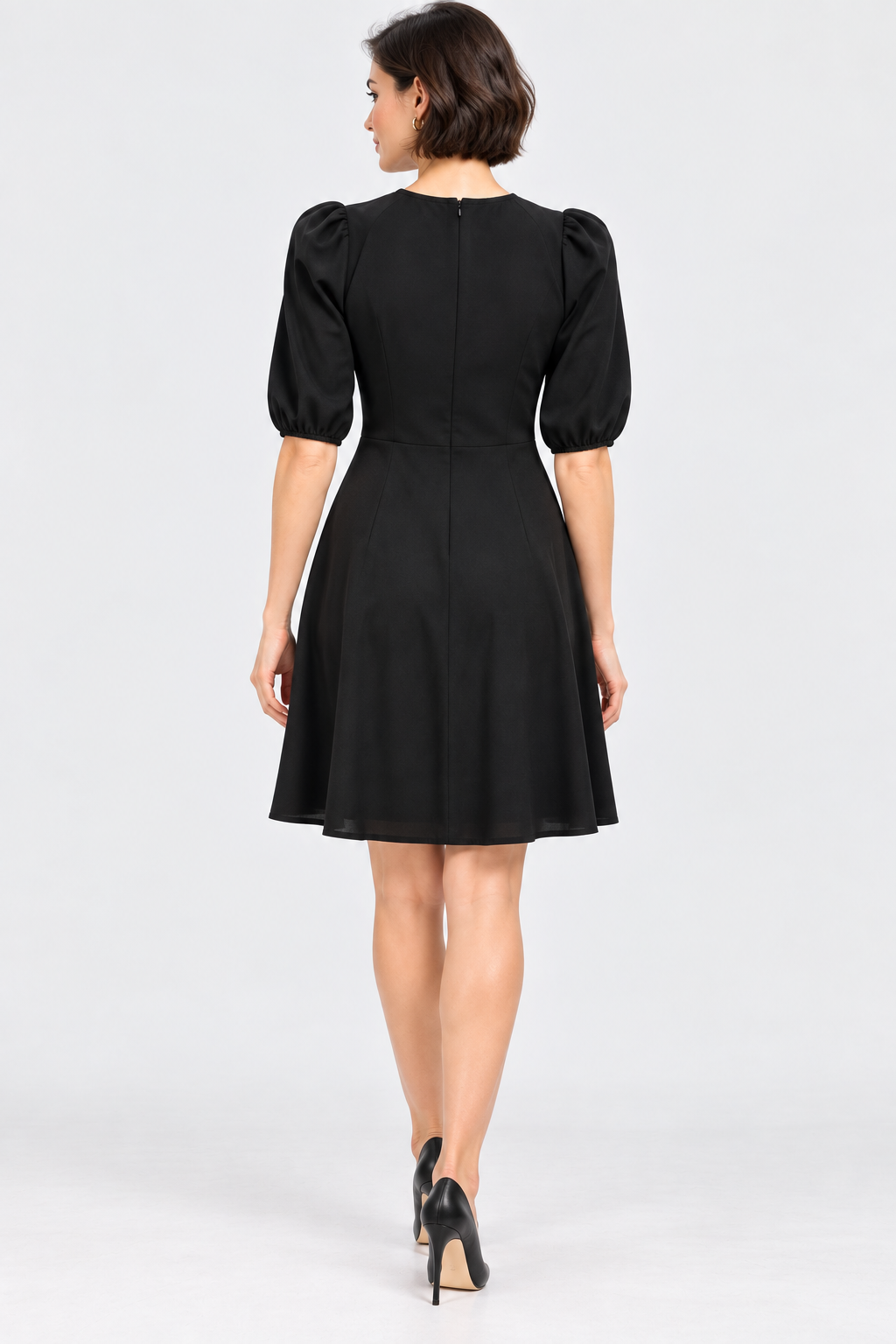 women’s black poly crepe puff sleeve mini dress
