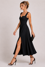 Black French Crepe Sleeveless Sweetheart Neck Maxi Dress with Front Slit