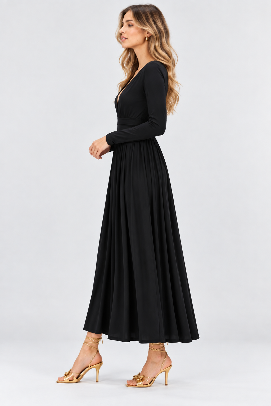 Black Jersey Knit V-Neck Long Sleeve Maxi Dress