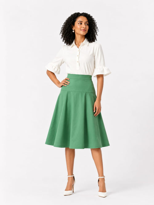 Mint Green High-Waisted Flared Midi Skirt